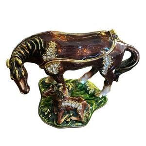 Horse Colt Pony Trinket Jewelry Box 3 Inch Enamel Rhinestone Hinged Mag Closure